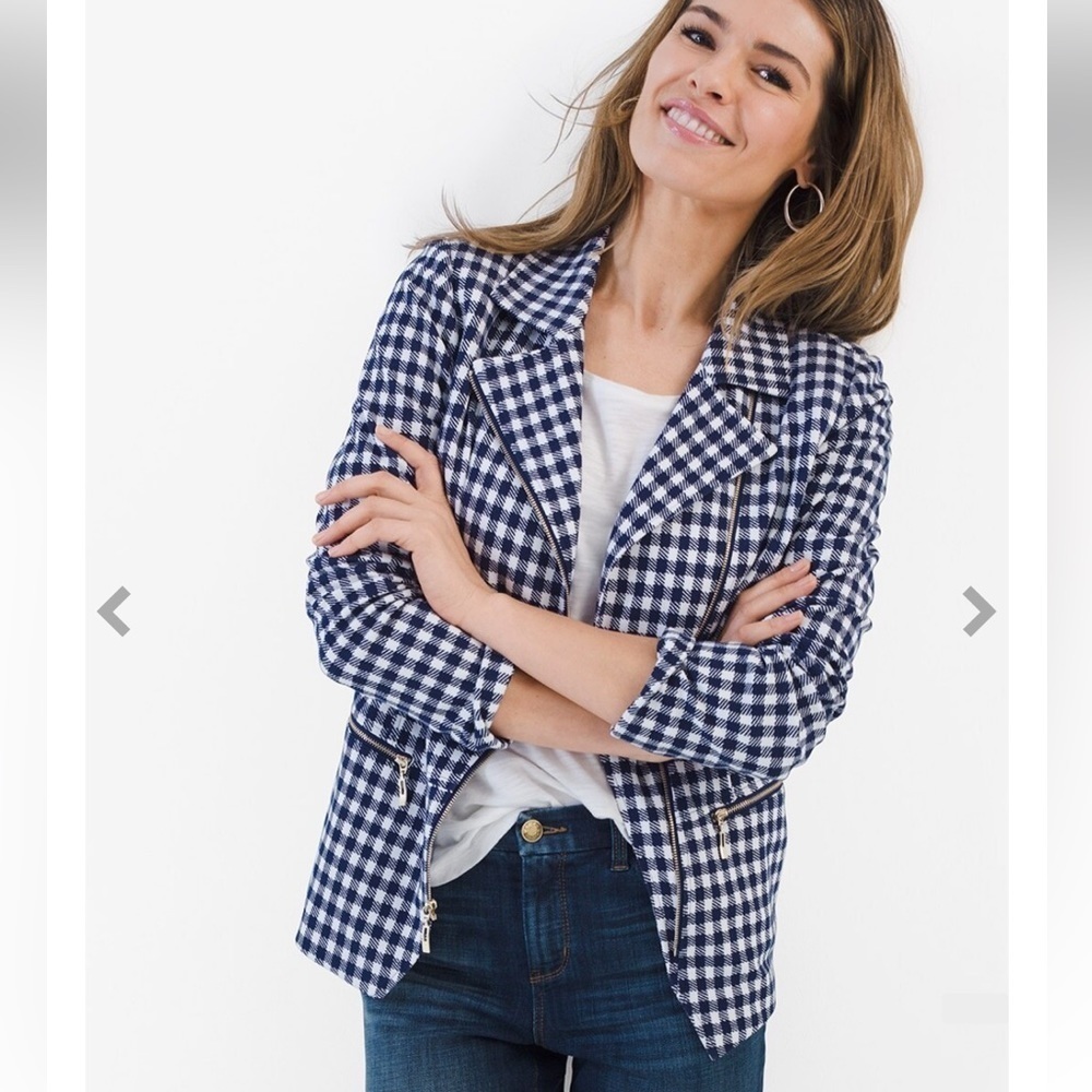 Chico's Blue White Gingham‎ Moto Jacket Asymmetrical Zip Blazer Size 0 NWOT